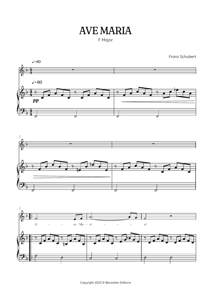 Schubert Ave Maria in F Major • soprano sheet music with easy piano accompaniment