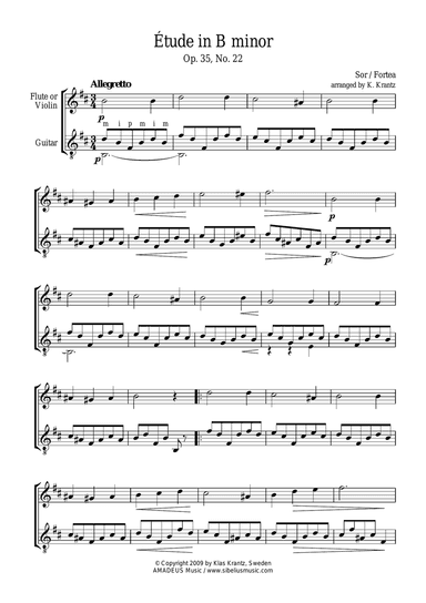 Étude (study) in B Minor Op. 35 No. 22 for violin or flute and guitar