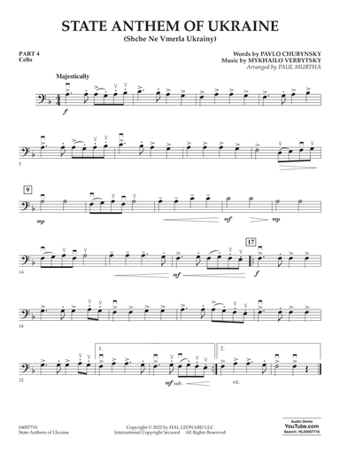 State Anthem of Ukraine (Shche Ne Vmerla Ukrainy) (arr. Murtha) - Pt.4 - Cello