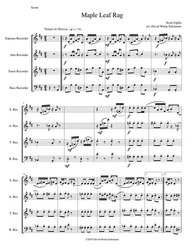 Maple Leaf Rag for recorder quartet