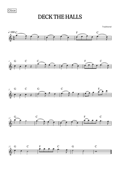 Deck the Halls for oboe • easy Christmas song sheet music with chords
