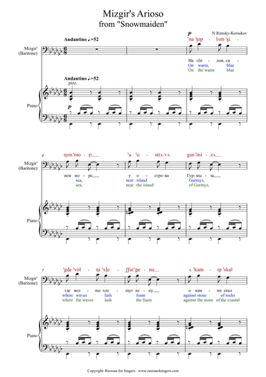 "Snowmaiden": Mizgir’s Arioso. DICTION SCORE with IPA & translation