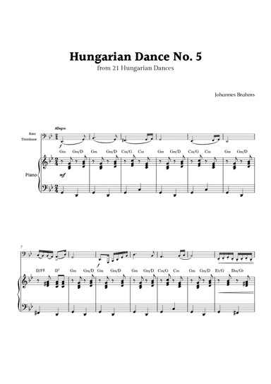 Hungarian Dance No. 5 by Brahms for Bass Trombone and Piano