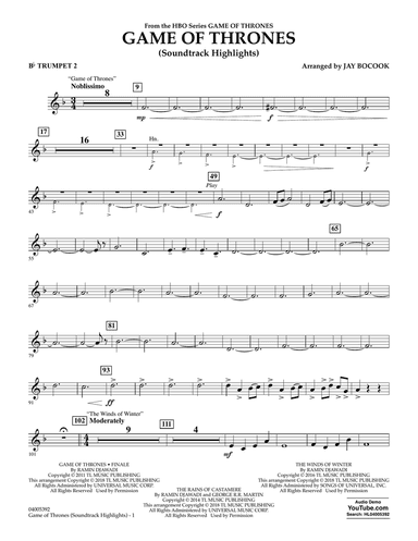 Game Of Thrones (Soundtrack Highlights) (arr. Jay Bocook) - Bb Trumpet 2