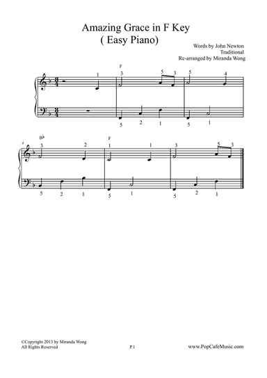 Amazing Grace in F Key - Easy Piano