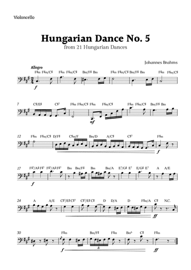 Hungarian Dance No. 5 by Brahms for Violoncello Solo with Chords