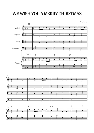We Wish You a Merry Christmas for String Quartet & Piano • Christmas sheet music w/ chords