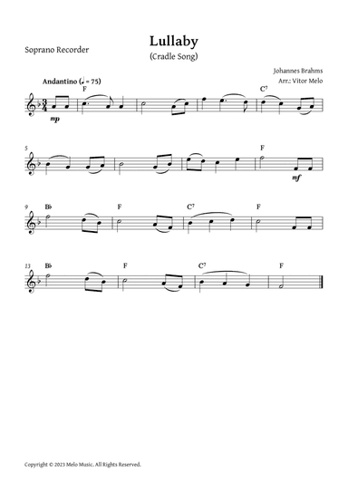 Brahms Lullaby - Soprano Recorder (solo)