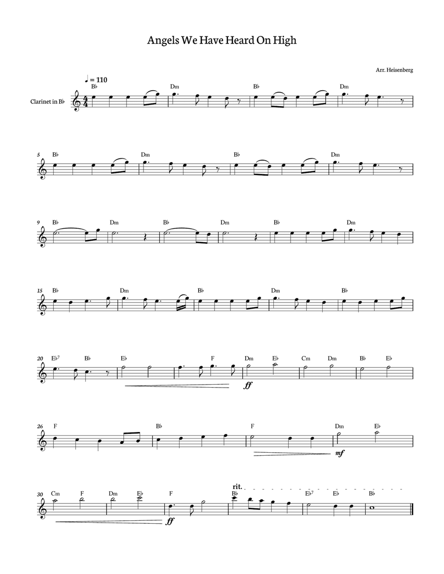Angels We Have Heard on High for Clarinet with chords