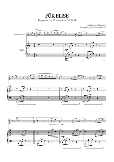 Beethoven • Für Elise / Pour Elise • saxophone & piano sheet music