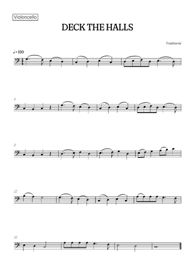 Deck the Halls for cello • easy Christmas song sheet music