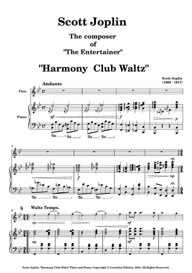 Scott Joplin Ragtime Composer of "The Entertainer". "Harmony Club Waltz" for Solo Flute and Piano