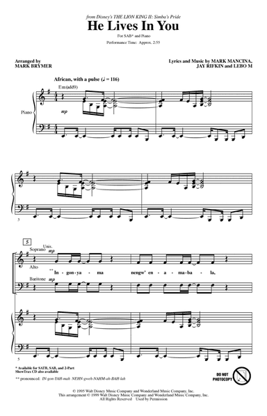 He Lives In You (from The Lion King II: Simba's Pride) (arr. Mark Brymer)