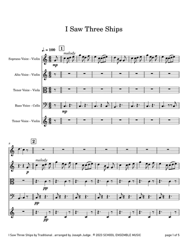 I Saw Three Ships for String Quartet in Schools