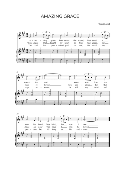 AMAZING GRACE - for piano and soprano in A major