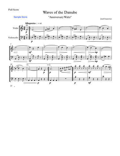 WAVES OF THE DANUBE "Anniversary Waltz" String Duo, Intermediate Level for violin and cello