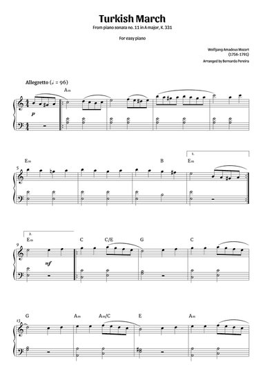Turkish March (easy piano – clean with chords)
