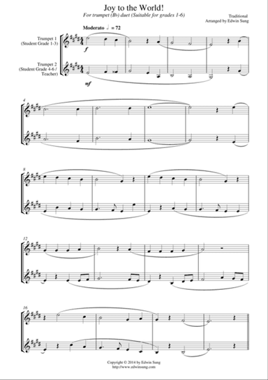 Joy to the World (for trumpet (Bb) duet, suitable for grades 1-5)