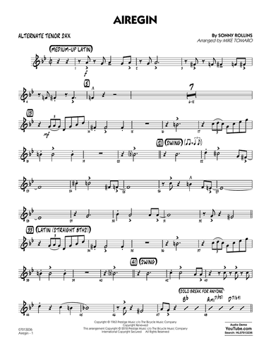 Airegin (arr. Mike Tomaro) - Alternate Tenor Sax
