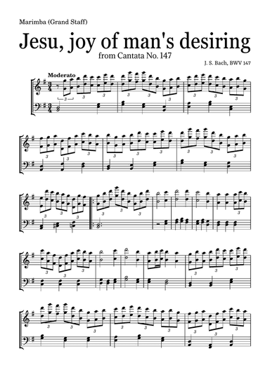JESU, JOY OF MAN'S DESIRING by Bach - easy version for Marimba (Grand Staff) with 4 drum sticks
