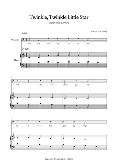 Twinkle, Twinkle Little Star • Easy violoncello sheet music with easy piano accompaniment