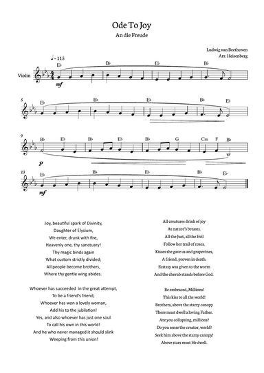 Beethoven - Ode to Joy for violin in Eb with chords.