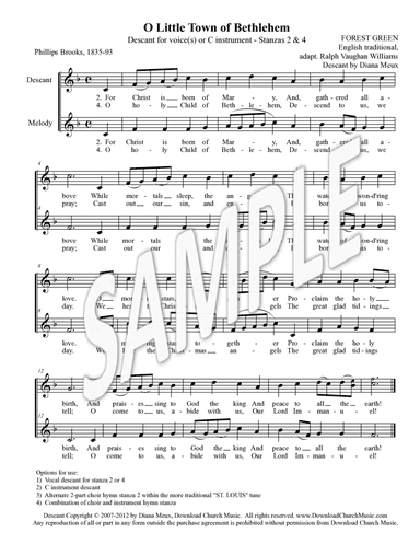 O Little Town of Bethlehem - FOREST GREEN - Vocal or C instrument descant