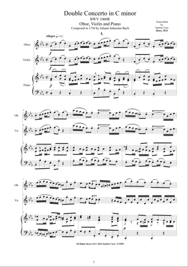 Bach - Double Concerto in C minor BWV1060R for Oboe, Violin and Piano