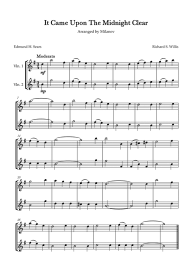 It Came Upon The Midnight Clear Violin Duet in G Melody and accompaniment Easy Intermediate