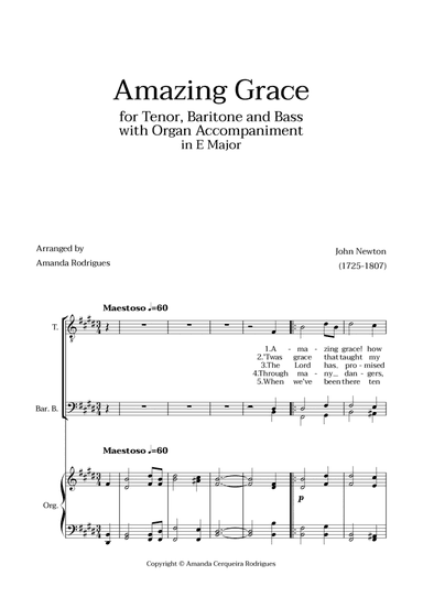 Amazing Grace in E Major - Tenor, Bass and Baritone with Organ Accompaniment