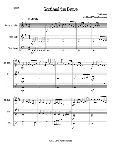 Scotland the brave for brass trio (trumpet, horn, trombone)