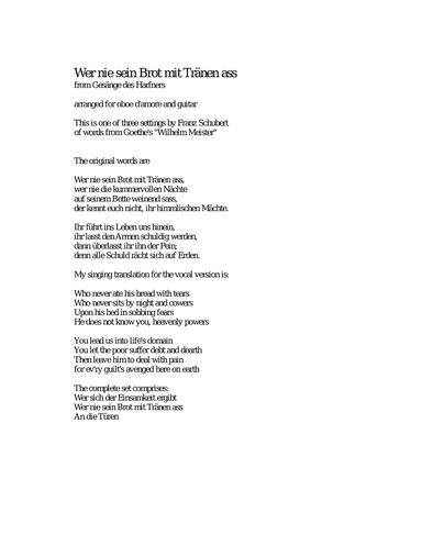 Wer nie sein Brot mit Tränen ass from Gesänge des Harfners arranged for oboe d'amore and guitar