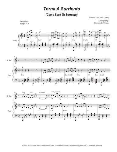 Torna A Surriento (Come Back to Sorrento) (Soprano Saxophone and Piano)