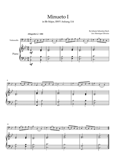 Minueto I in Bb Major, BWV Anhang 114 (Cello and Piano)