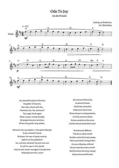 Beethoven - Ode to Joy for violin in D with chords.