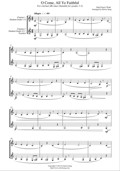 O Come, All Ye Faithful (for clarinet (Bb) duet, suitable for grades 1-5)