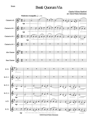 Beati Quorum Via for clarinet sextet or clarinet choir (E flat, 3 B flats, Alto, Bass)