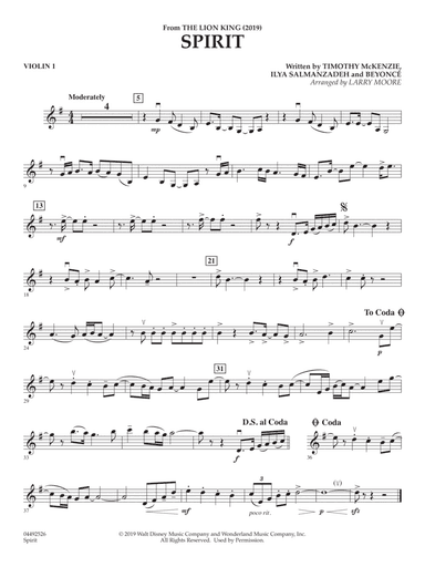 Spirit (from The Lion King 2019) (arr. Larry Moore) - Violin 1