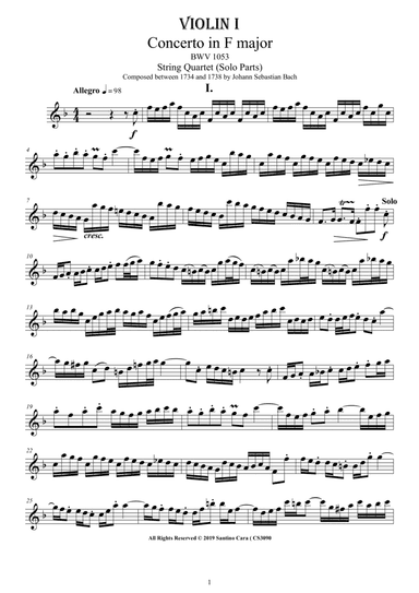 Bach - Concerto in F major BWV 1053 for String Quartet - Complete Parts