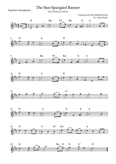 The Star Spangled Banner (USA National Anthem) for Soprano Saxophone Solo with Chords (C Major)