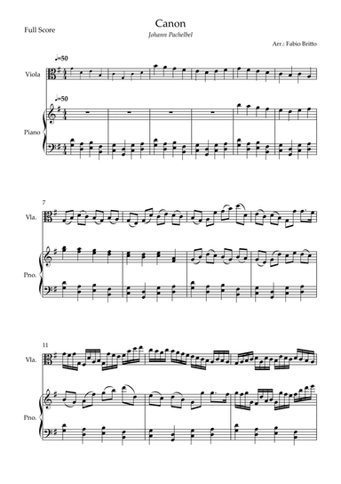 Canon - Johann Pachelbel (Wedding/Reduced Version) for Viola Solo and Piano Accompaniment