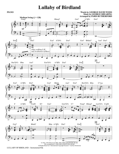 Lullaby Of Birdland (arr. Paris Rutherford) - Piano