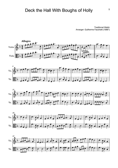 Traditional Welsh - Deck the Hall With Boughs of Holly. For Violin and Violoncello. Score and Parts