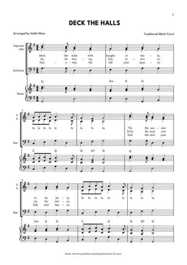 Deck The Halls - SABar. in G (with piano accompaniment)