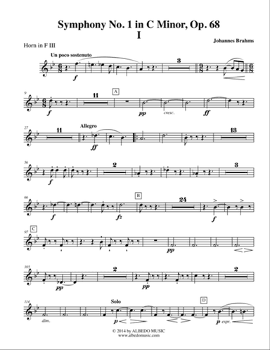 Brahms Symphony No. 1, Movement I - Horn in F 3 (Transposed Part), Op. 68