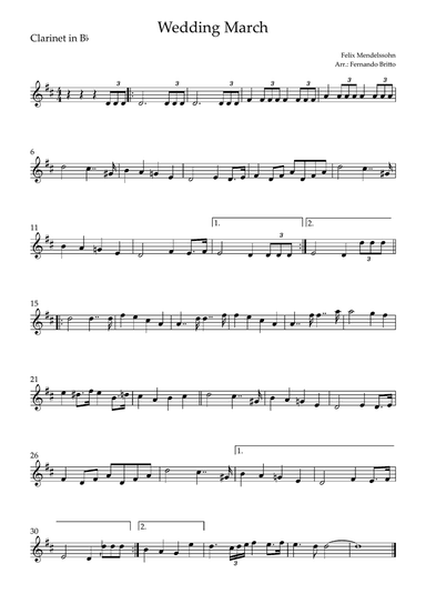Wedding March (Felix Mendelssohn) for Clarinet in Bb Solo