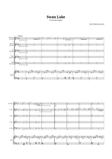 Swan Lake by Tchaikovsky for Recorder Quintet and Piano