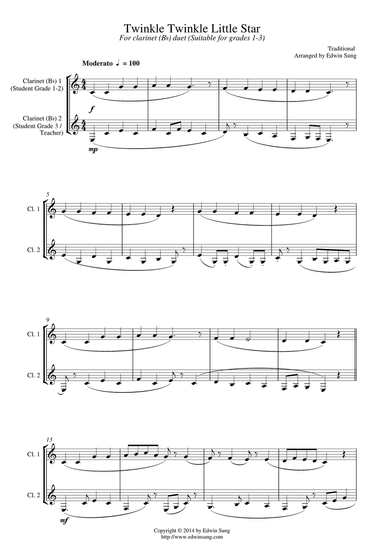Twinkle Twinkle Little Star (for clarinet (Bb) duet, suitable for grades 1-3)