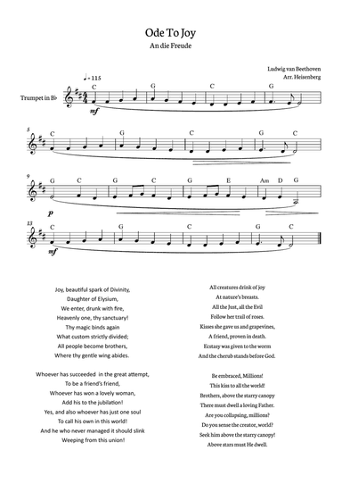 Beethoven - Ode to Joy for trumpet with chords in C major.