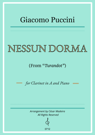 Nessun Dorma by Puccini - Clarinet in A and Piano (Full Score)